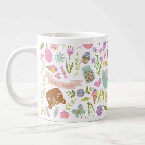 Happy Easter Bunny Floral Pattern Giant Coffee Mug