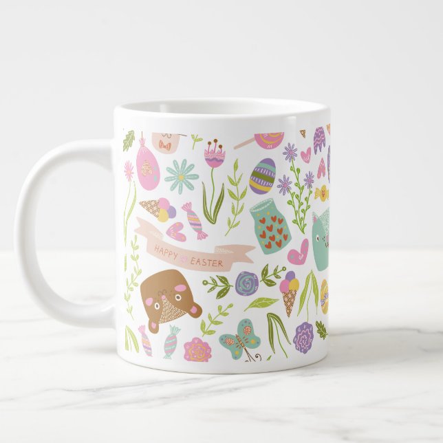 Happy Easter Bunny Floral Pattern Giant Coffee Mug (Left)