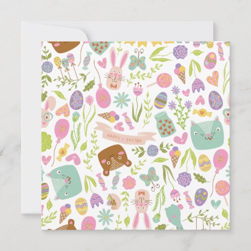 Happy Easter Bunny Floral Pattern Holiday Card