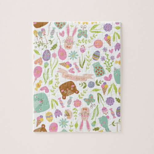 Happy Easter Bunny Floral Pattern Jigsaw Puzzle