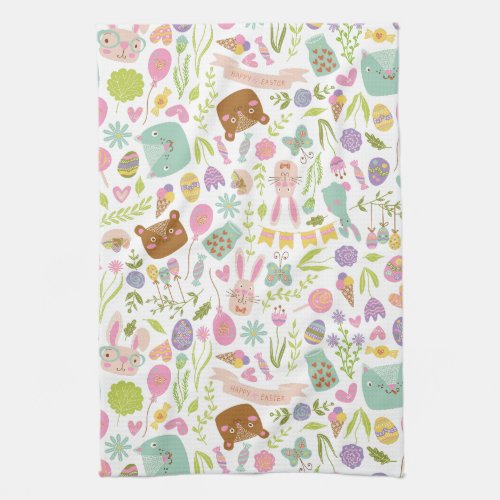 Happy Easter Bunny Floral Pattern Kitchen Towel