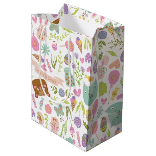 Happy Easter Bunny Floral Pattern Medium Gift Bag