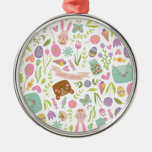 Happy Easter Bunny Floral Pattern Metal Ornament