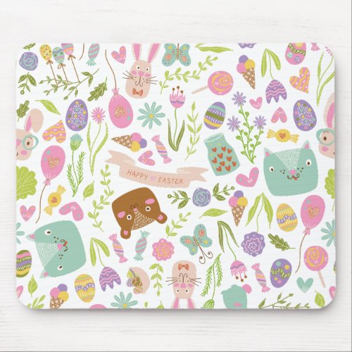 Happy Easter Bunny Floral Pattern Mouse Pad