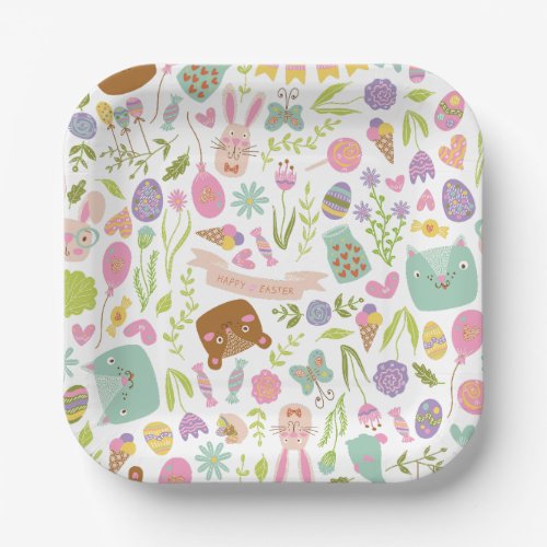 Happy Easter Bunny Floral Pattern Paper Plates