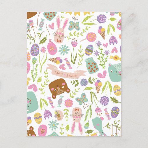 Happy Easter Bunny Floral Pattern Postcard