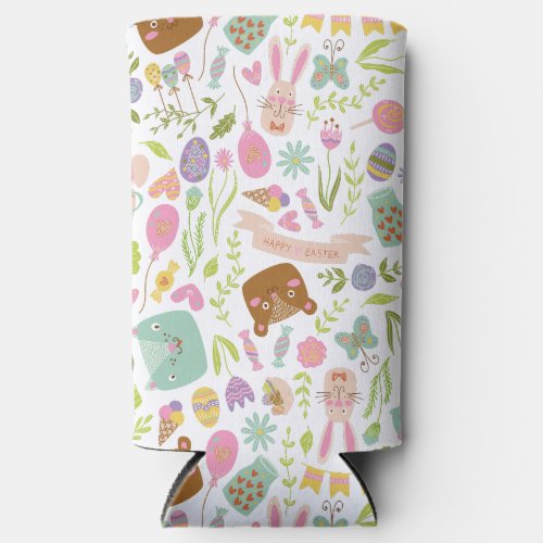 Happy Easter Bunny Floral Pattern Seltzer Can Cooler