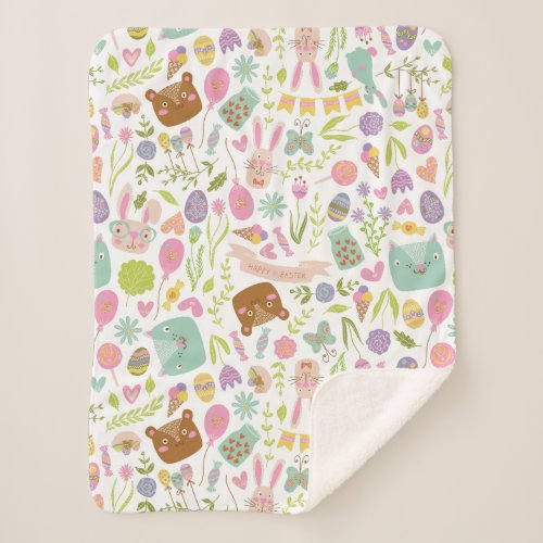 Happy Easter Bunny Floral Pattern Sherpa Blanket