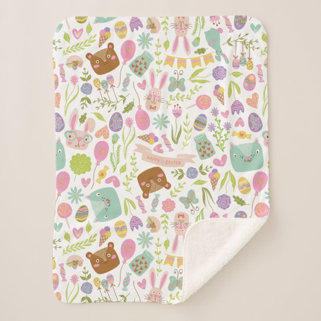 Happy Easter Bunny Floral Pattern Sherpa Blanket (Front)