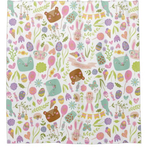 Happy Easter Bunny Floral Pattern Shower Curtain