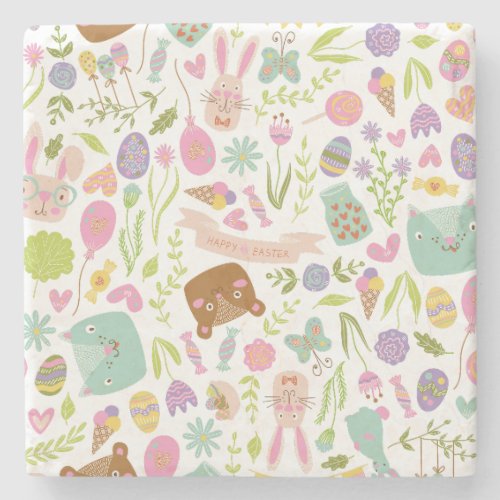 Happy Easter Bunny Floral Pattern Stone Coaster