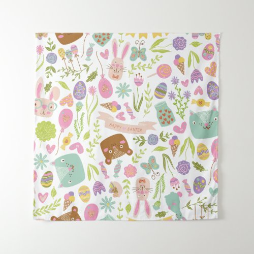 Happy Easter Bunny Floral Pattern Tapestry