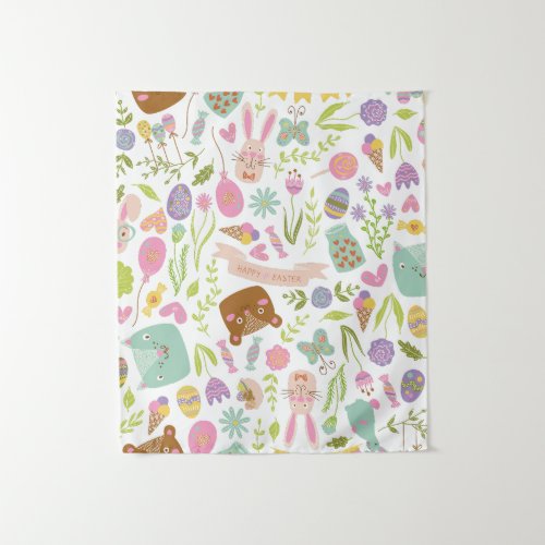 Happy Easter Bunny Floral Pattern Tapestry