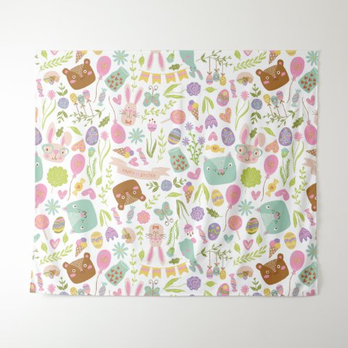 Happy Easter Bunny Floral Pattern Tapestry