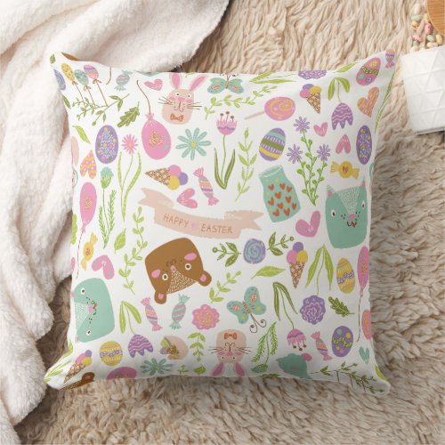Happy Easter Bunny Floral Pattern Throw Pillow