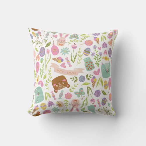 Happy Easter Bunny Floral Pattern Throw Pillow