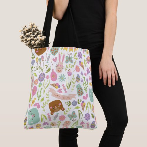 Happy Easter Bunny Floral Pattern Tote Bag