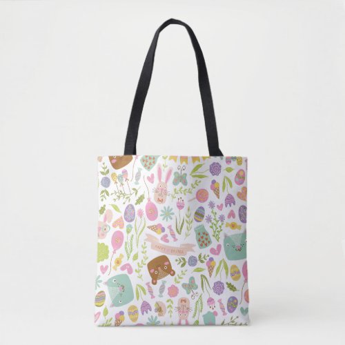 Happy Easter Bunny Floral Pattern Tote Bag