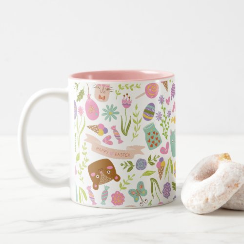 Happy Easter Bunny Floral Pattern Two_Tone Coffee Mug
