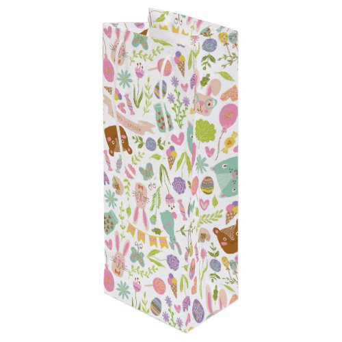 Happy Easter Bunny Floral Pattern Wine Gift Bag