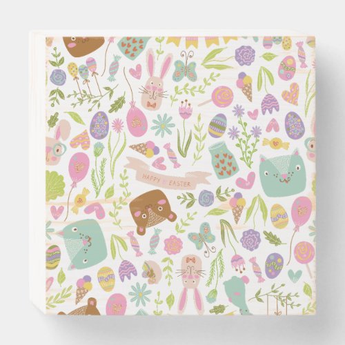 Happy Easter Bunny Floral Pattern Wooden Box Sign