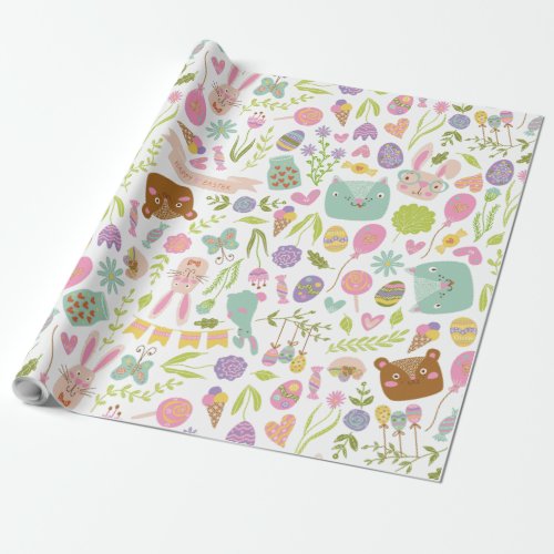 Happy Easter Bunny Floral Pattern Wrapping Paper