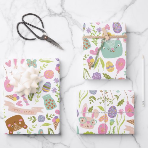 Happy Easter Bunny Floral Pattern Wrapping Paper Sheets