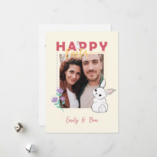Happy Easter Bunny Flowers Photo Editable Holiday Card