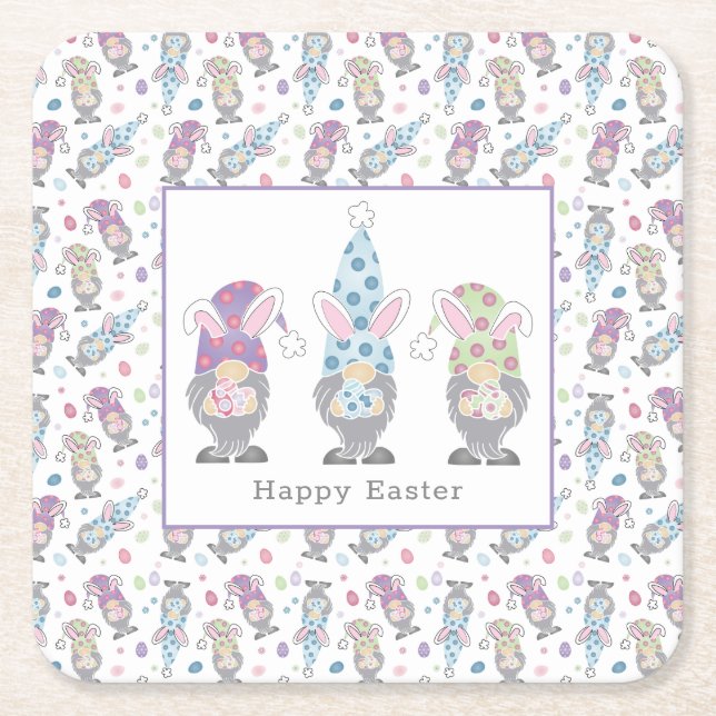 Happy Easter Bunny Gnomes Square Paper Coaster (Front)