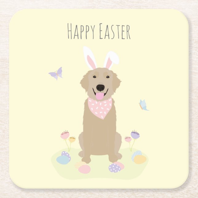 Happy Easter Bunny Golden Retriever Square Paper Coaster (Front)