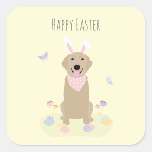Happy Easter Bunny Golden Retriever Square Sticker