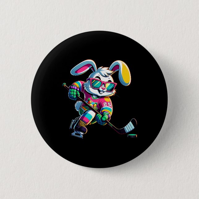 Happy Easter Bunny Hockey Rabbit Men Women Kid (1) Button (Front)