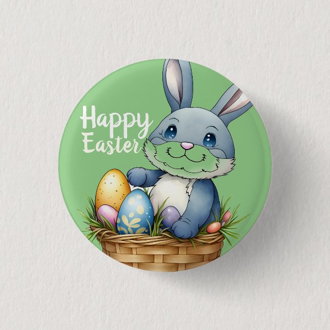 Happy Easter, Bunny In Egg Basket Button (Front)