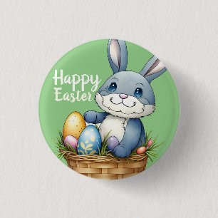 Happy Easter, Bunny In Egg Basket Button