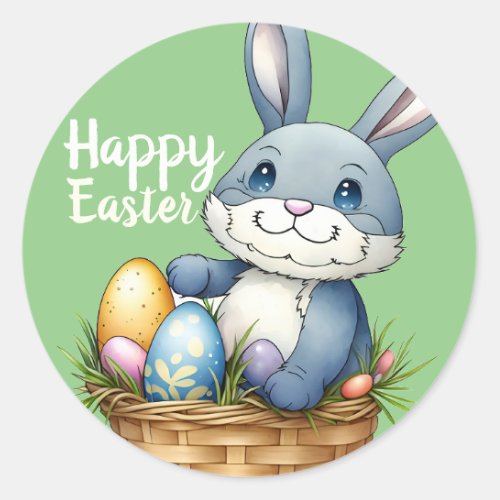 Happy Easter Bunny In Egg Basket Classic Round Sticker