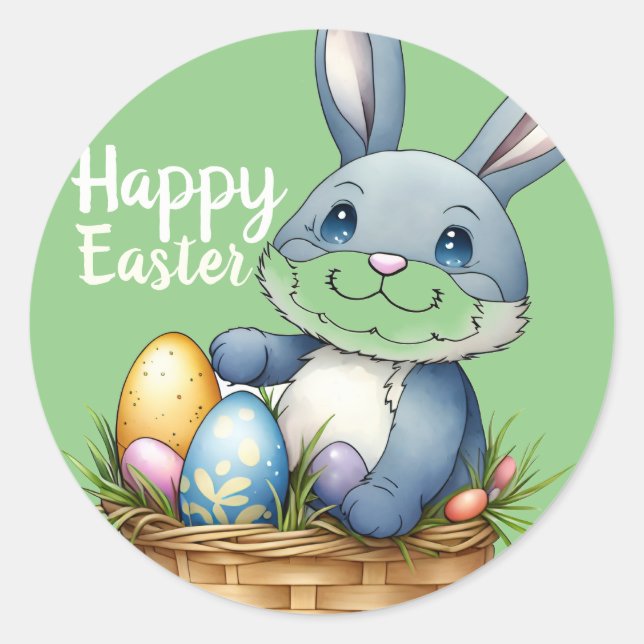 Happy Easter, Bunny In Egg Basket Classic Round Sticker (Front)