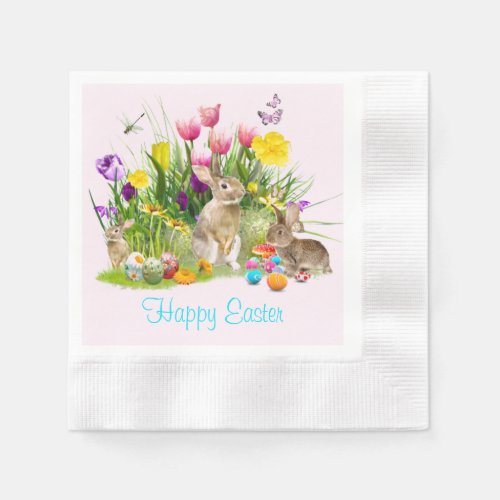 Happy Easter Bunny in Garden Pink Paper Napkin