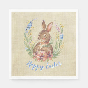 Happy Easter Bunny in Garden Watercolor Flowers Napkins