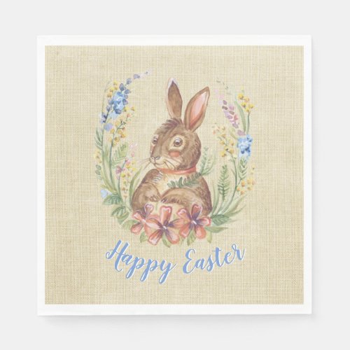 Happy Easter Bunny in Garden Watercolor Flowers Napkins