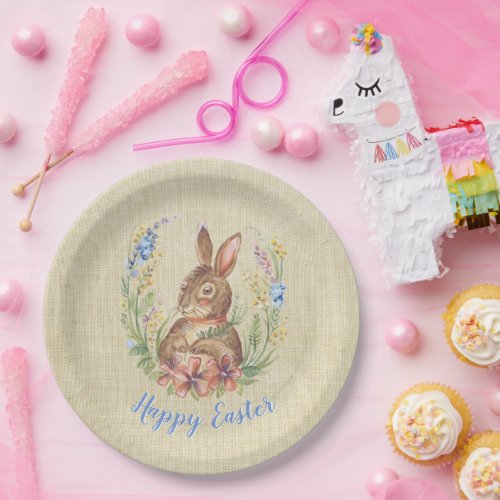 Happy Easter Bunny in Garden Watercolor   Paper Plates