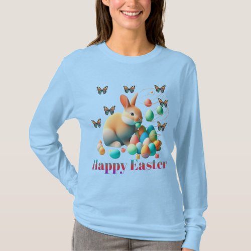 Happy Easter bunny is playing by eggs and butterfl T_Shirt