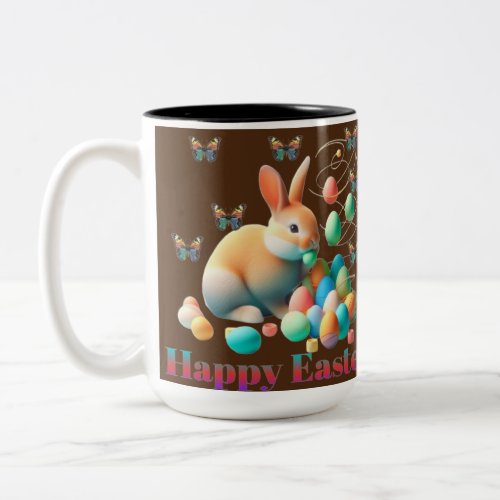 Happy Easter bunny is playing by eggs and butterfl Two_Tone Coffee Mug