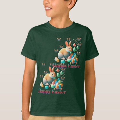 Happy Easter bunny is playing by eggs  T_Shirt