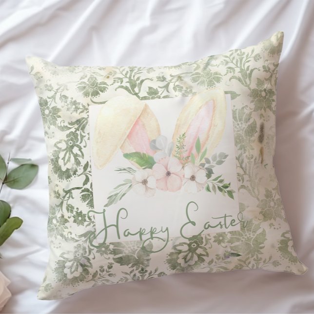 Happy Easter Bunny Lamb Floral Watercolor Throw Pillow (Creator Uploaded)