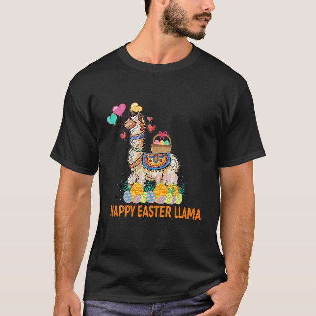 Happy Easter Bunny Llama Bringing Easter Egg Baske T-Shirt (Front)