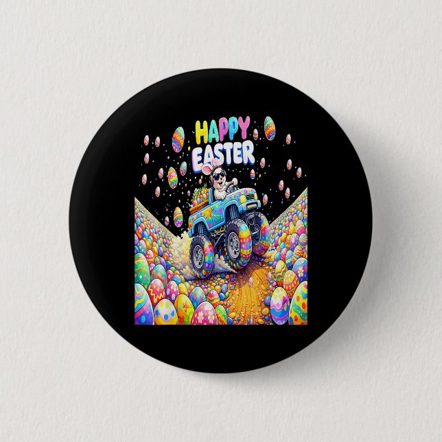 Happy Easter Bunny Monster Truck Eggs Boys Men Button (Front)