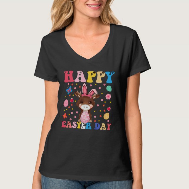 Happy Easter Bunny Moose  Easter Day Groovy T-Shirt (Front)