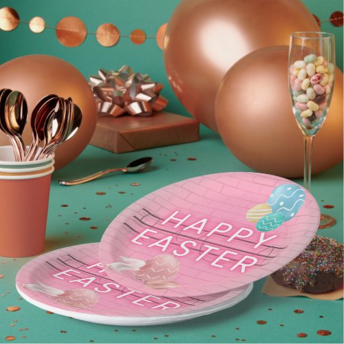 Happy Easter Bunny Neon Eggs Pink Paper Paper Plates