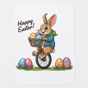 Happy Easter Bunny on a Unicycle with basket of Eg Baby Blanket
