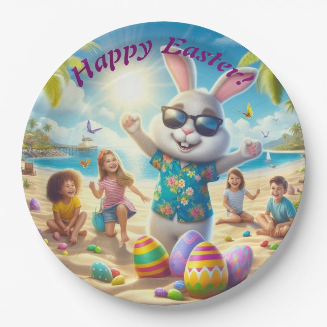 Happy Easter Bunny on the Beach  Paper Plates (Front)